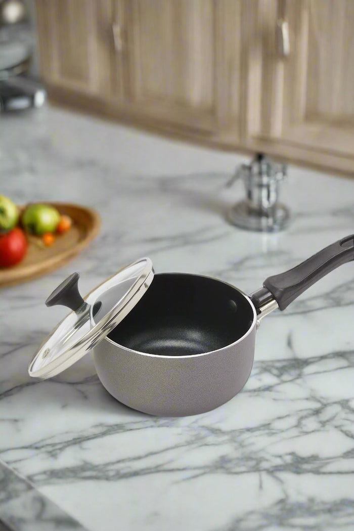 Redtag-Black-Aluminum-Non-Stick-Sauce-Pan-With-Glass-Lid-(12Cm)-365,-Category:Pans,-Colour:Black,-Deals:New-In,-Filter:Home-Dining,-H1:HMW,-H2:DIN,-H3:COO,-H4:PAP,-HMW-DIN-Cookware,-New-In-HMW-DIN,-Non-Sale,-Season:365,-Section:Homewares,-Style:MINIATURE-Home-Dining-