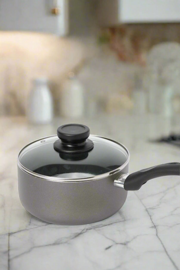 Redtag-Black-Aluminum-Non-Stick-Saucepan-With-Glass-Lid-(18Cm)-365,-Category:Pans,-Colour:Black,-Deals:New-In,-Filter:Home-Dining,-H1:HMW,-H2:DIN,-H3:COO,-H4:PAP,-HMW-DIN-Cookware,-New-In-HMW-DIN,-Non-Sale,-Season:365,-Section:Homewares,-Style:NON-STICK-Home-Dining-